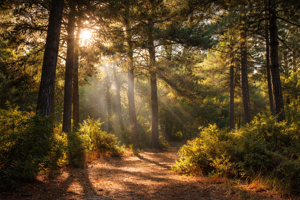 pine forest in Thassos sunlight through branches